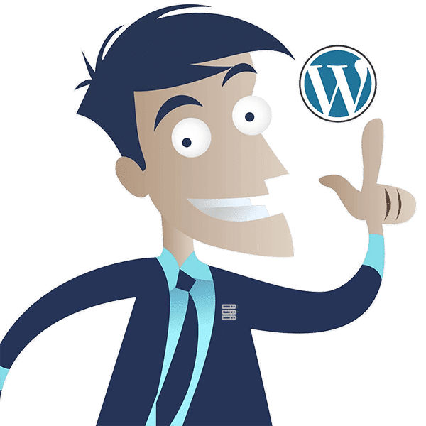 A man in a suit pointing to the wordpress logo, representing web hosting.